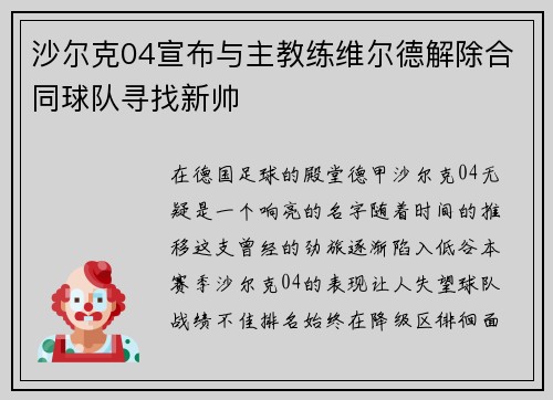 沙尔克04宣布与主教练维尔德解除合同球队寻找新帅