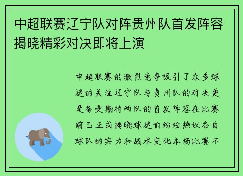 中超联赛辽宁队对阵贵州队首发阵容揭晓精彩对决即将上演